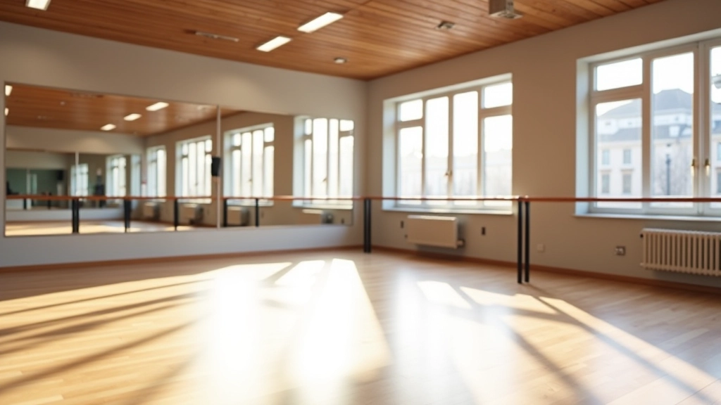 Moderní taneční studio v Praze s zrcadly, tyčí a leštěnými dřevěnými podlahami, přírodní světlo z oken